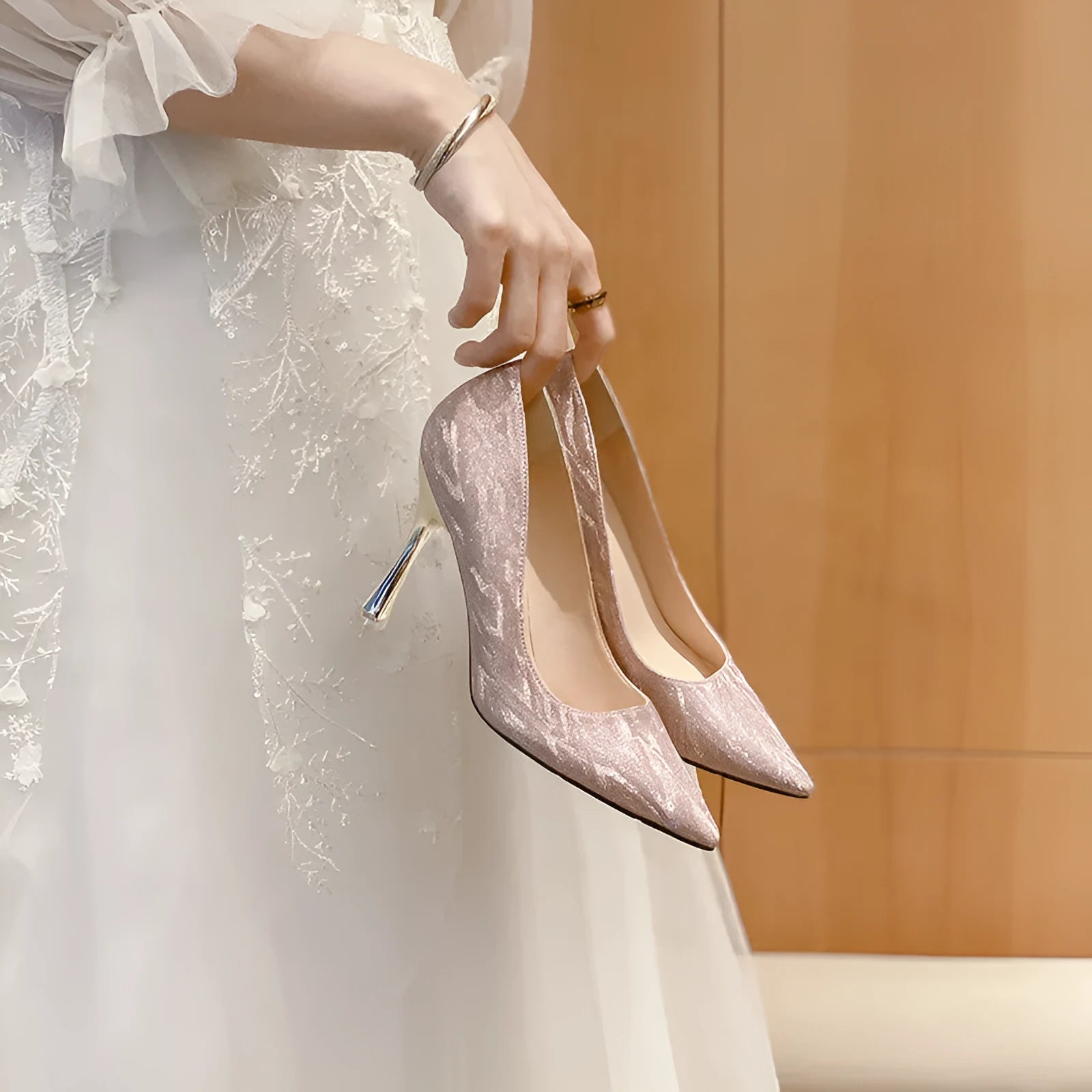 Large size high heel stiletto champagne bridal shoes with glitter upper and pointed toe