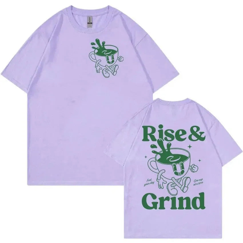 Rise And Grind Green Coffee cartoon graphic printed on a loose fit linen blend t-shirt.