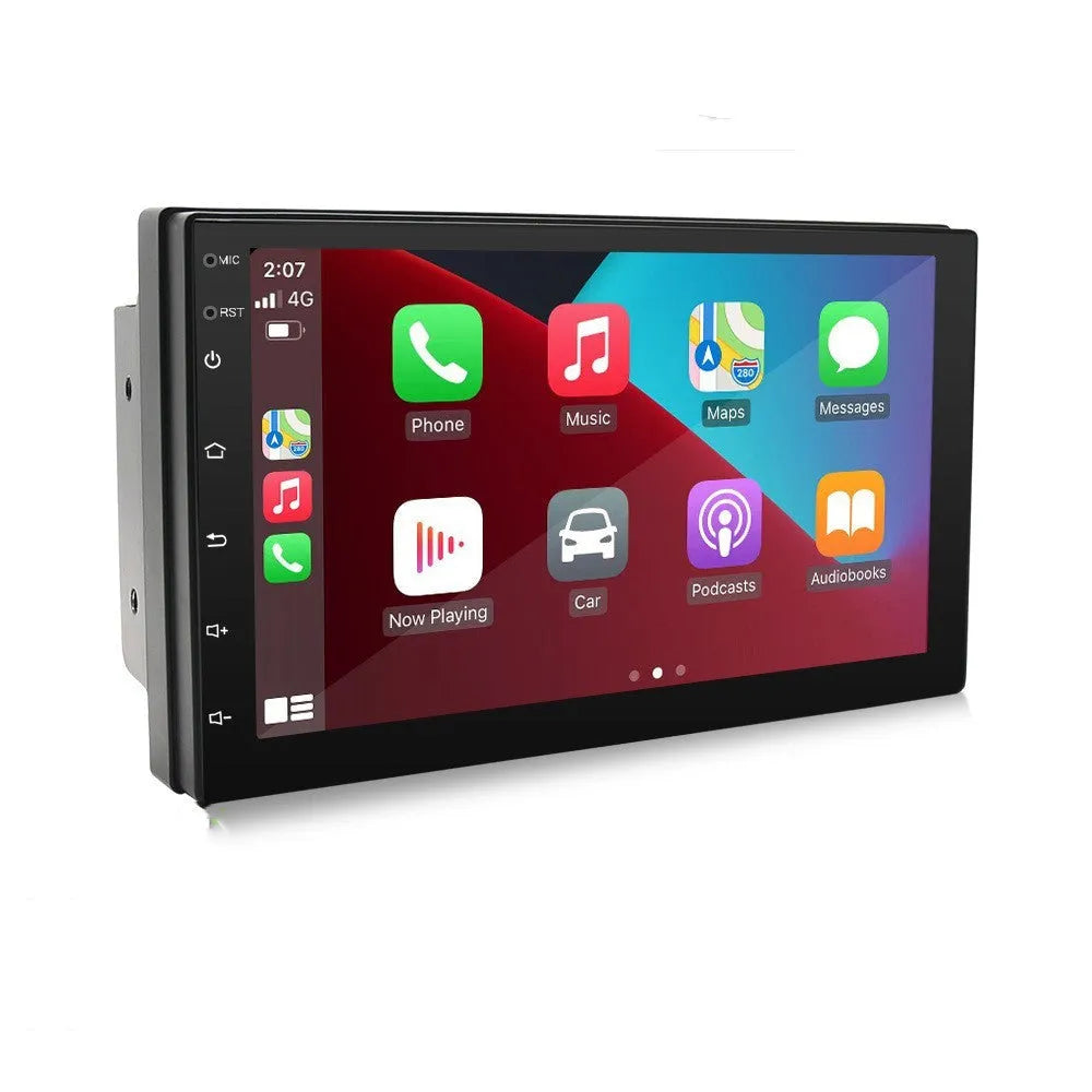 Universal car MP5 player with 7-inch screen showing GPS navigation interface and CarPlay connectivity