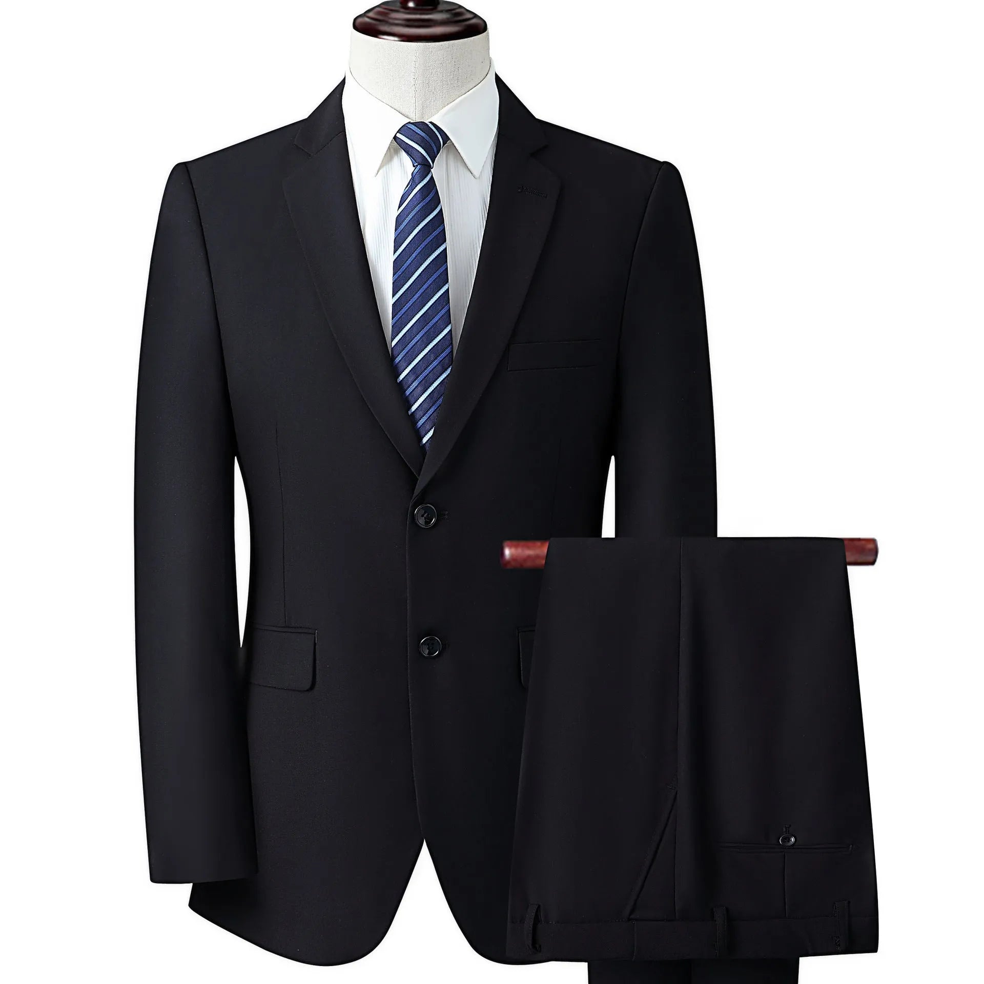 Men's slim fit business suit in black with coat and trousers on a hanger