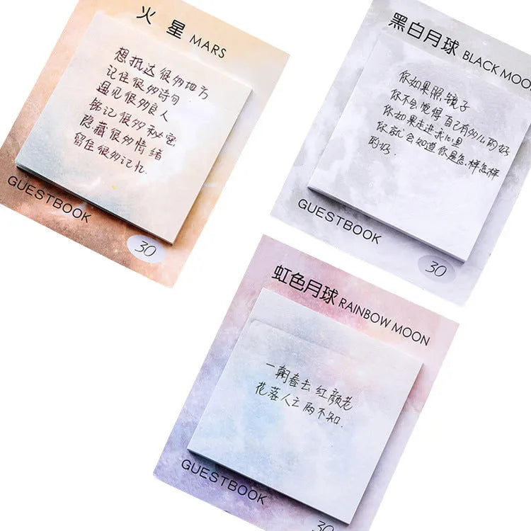 Square planet-themed sticky note pad showing 7.3cm size and oil painting designs of Moon and Earth.
