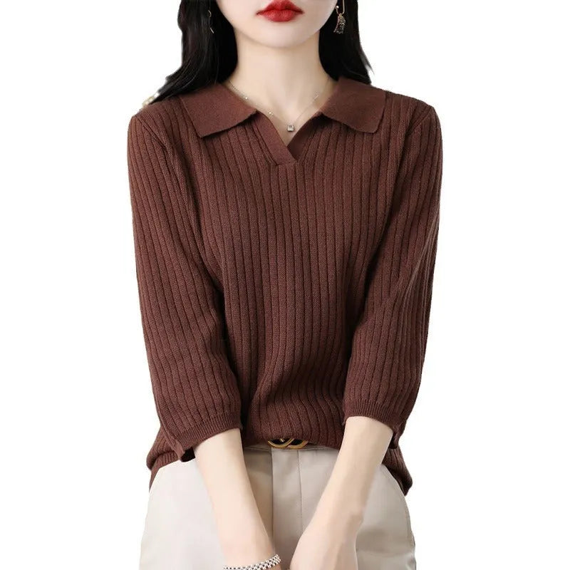 Women's loose striped polyester inner sweater pullover in camel