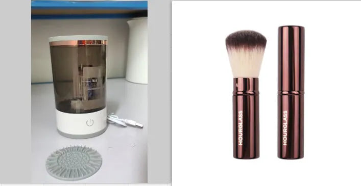 Grey and white portable electric makeup brush cleaner with USB cable.