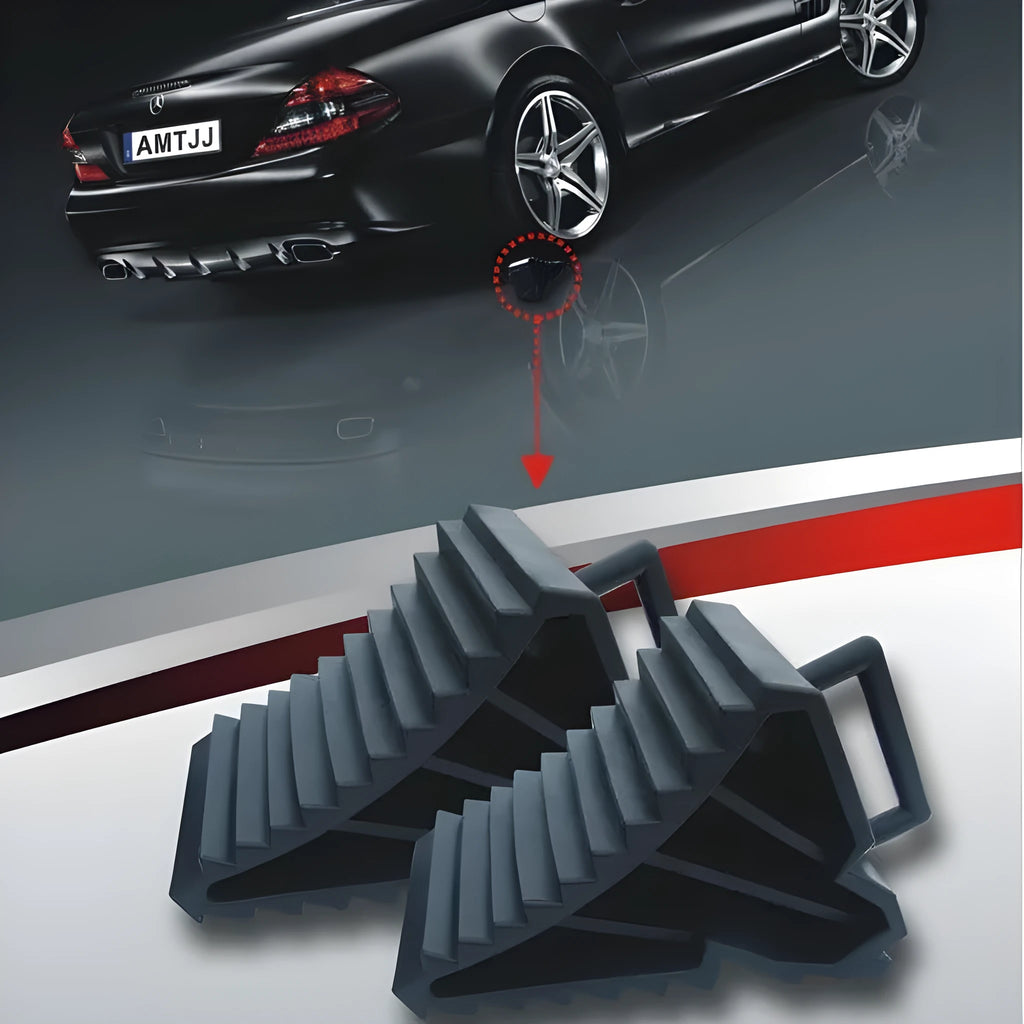 Pair of triangular car wheel stoppers in black colour with storage boxes