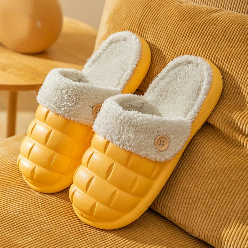 Women's pink detachable plush EVA winter house slippers with non-slip sole shown from the side.