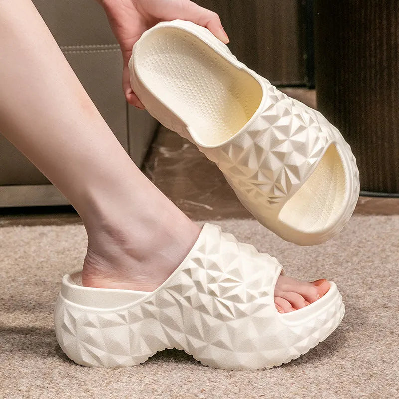 Women's khaki EVA high-heel wedge flip-flop slippers with a thick sole, shown from the side.