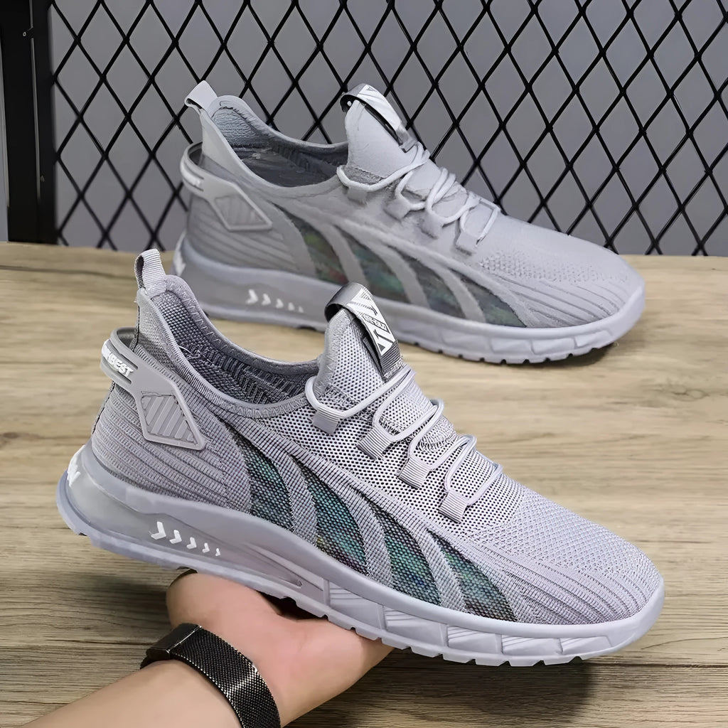 Men's low-top casual sneakers with mesh surface, striped pattern, and fat foot design in multiple colour options