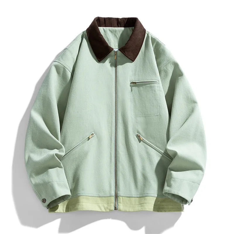 Men's Korean style couple jacket with contrast lapels and side seam pockets in mint green.