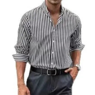 Men's loose fit striped casual button-up shirt in polyester fabric