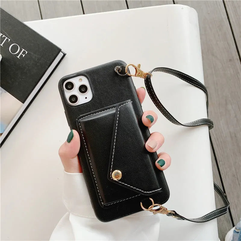 Leather phone case with card holder and crossbody rope for iPhone in khaki colour