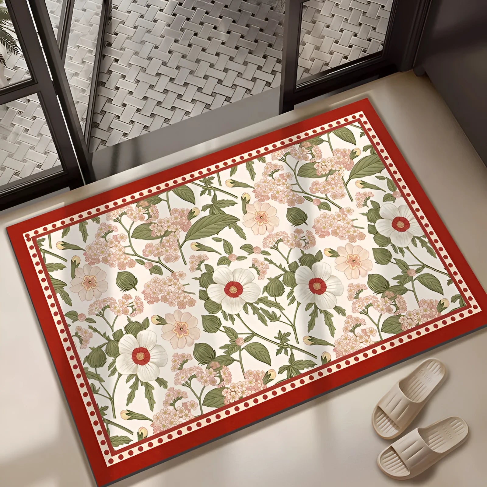 Diatomaceous earth absorbent bath mat 50x80cm in beige with anti-slip surface on bathroom floor