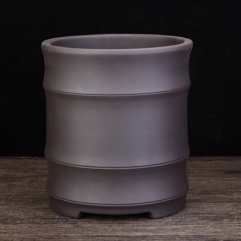 Fine Zisha large diameter bamboo joint flowerpot in classical purple sand with 19.9cm caliber and 22cm height