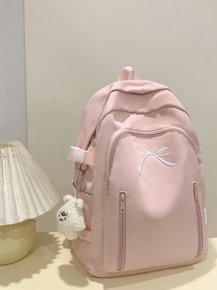 Nylon bow backpack large capacity 36-55L solid colour college style ultra light for women black blue pink white yellow