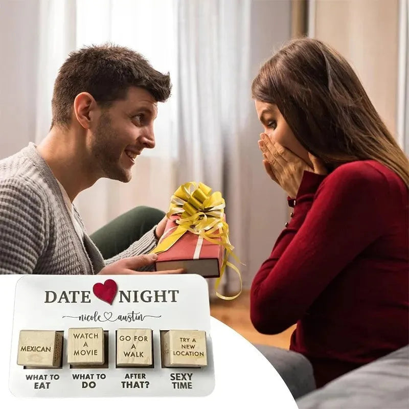 Wooden date night dice set showing five dice, planner board and black storage bag for couples