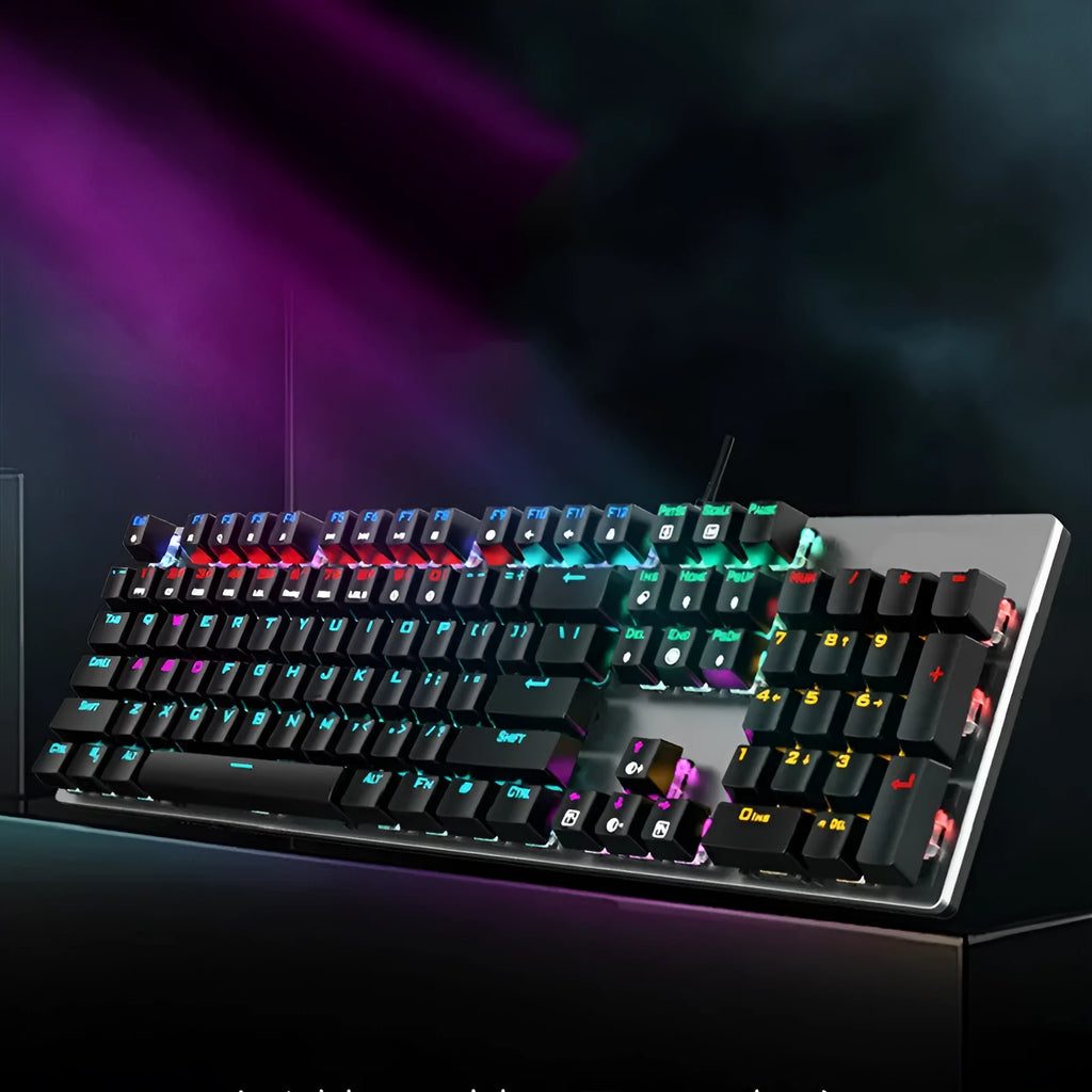 AOC GK410 black mechanical keyboard with backlit keys on a desk, showing full 104-key layout and metal construction