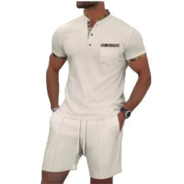 Man wearing a grey waffle-texture zip-up polo top and matching shorts, a summer two-piece suit set.