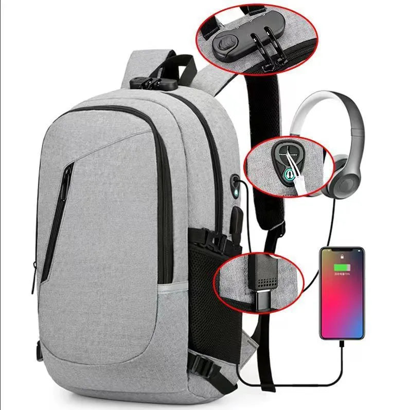 Oxford cloth computer backpack with street trend style showing 20-35L capacity and grey colour option
