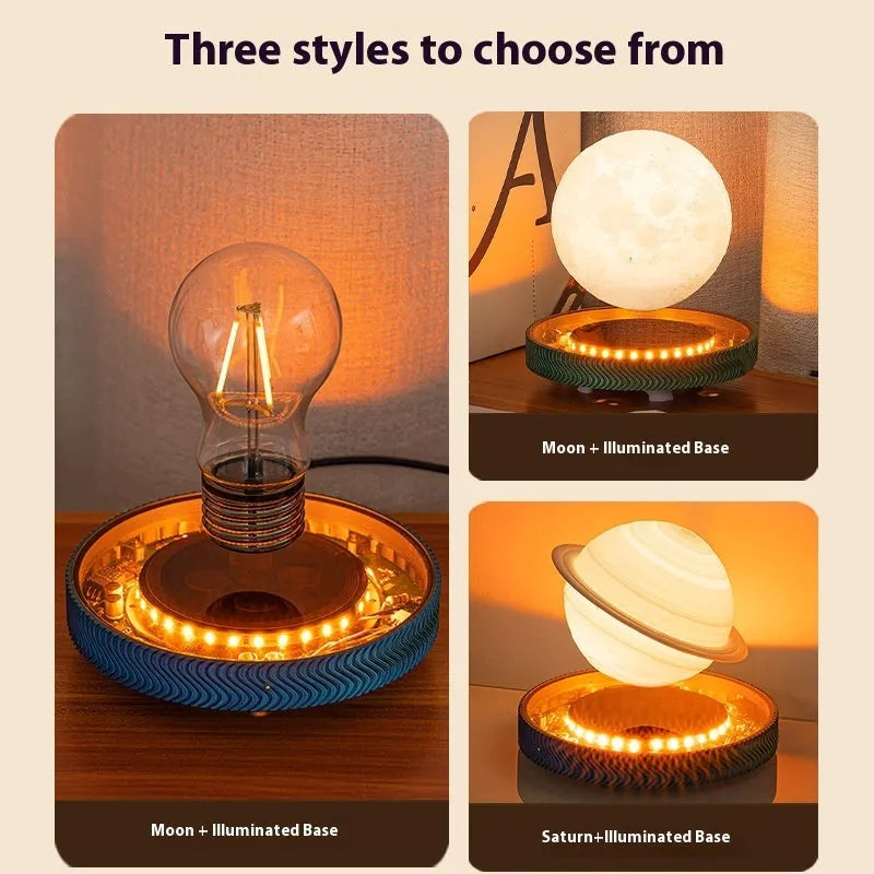 Small magnetic suspension moon night lamp with 3D-printed design on a shelf.