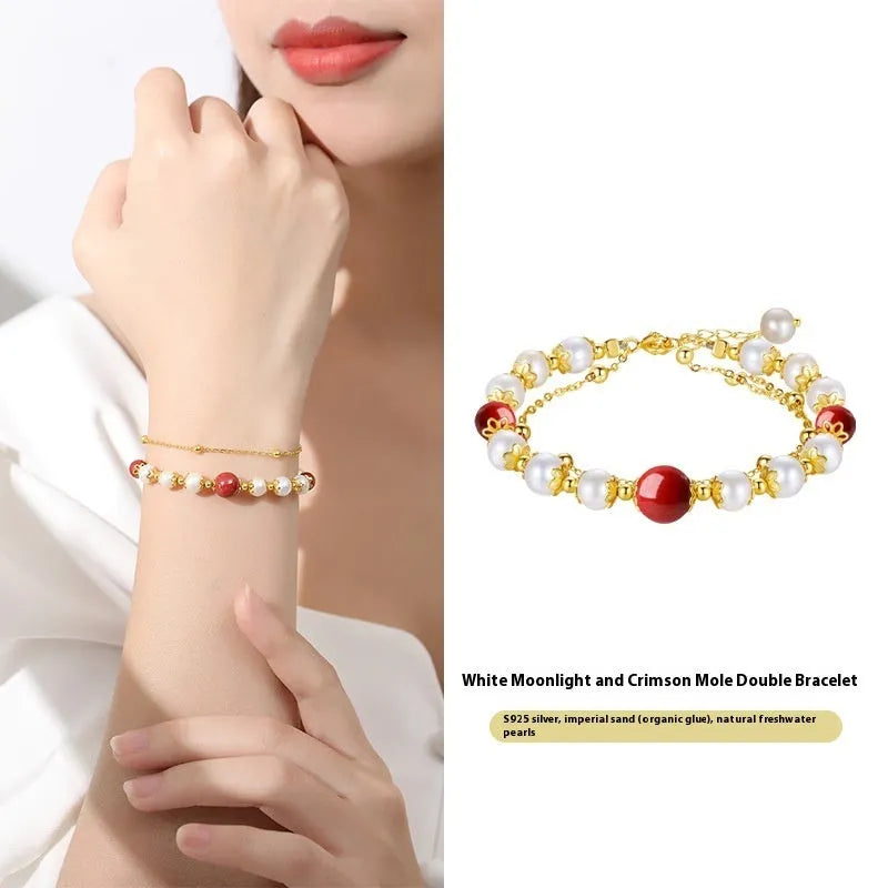 Sterling silver double-layer bracelet with freshwater pearls and red bean charms