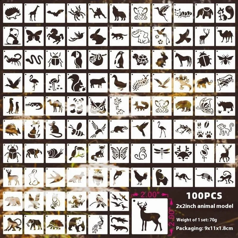 700 milky white PET film spray painting stencils showing 2-inch flower, leaf, bird, animal, letter, and ocean designs