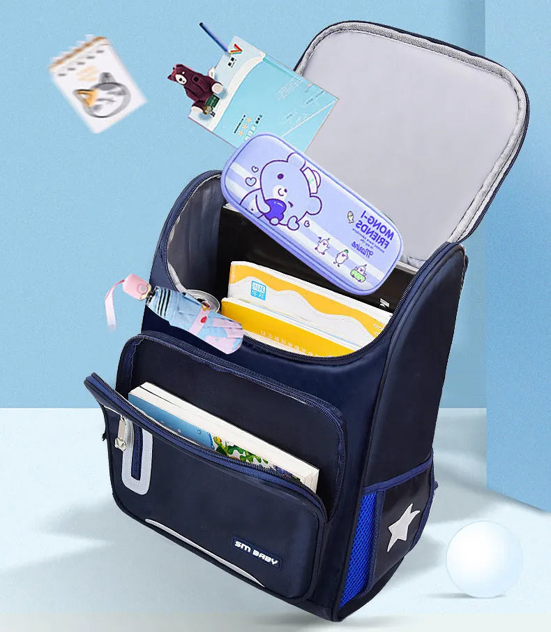 Primary school kids backpack in Green size L made from waterproof nylon with double straps and multiple zippered compartments