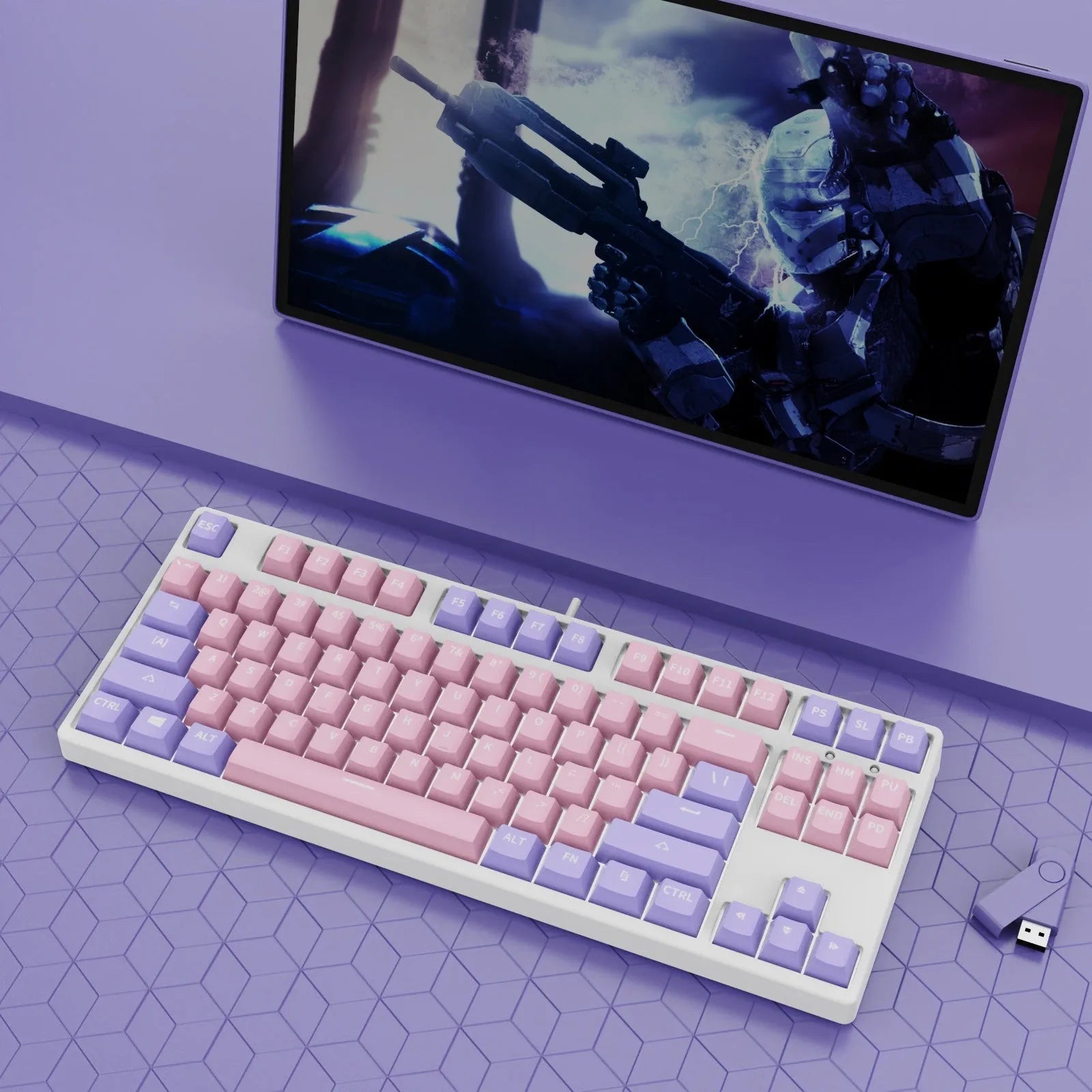 87-key hot-swappable mechanical keyboard with dual-colour backlighting and metal construction.