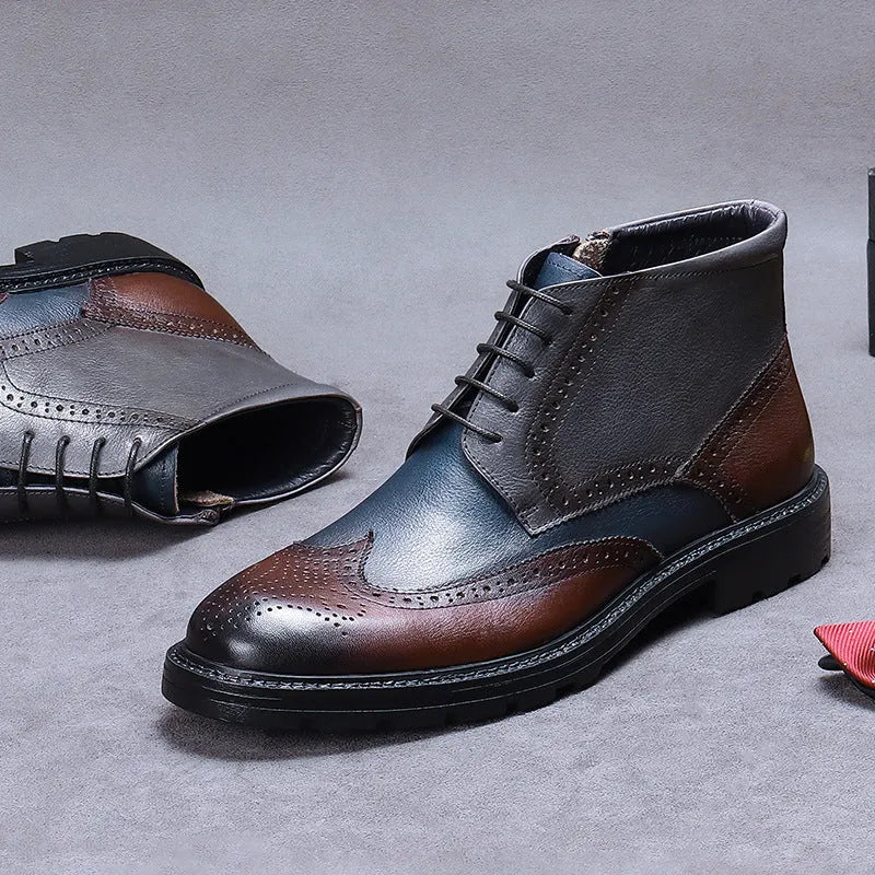 Men's curry blue leather brogue boots with decorative stitching and front lacing.