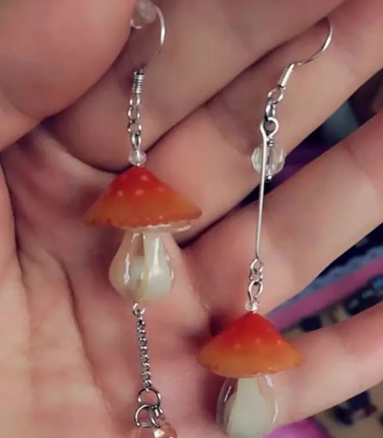 Resin heat shrinkable small mushroom earrings in yellow original style on plain background