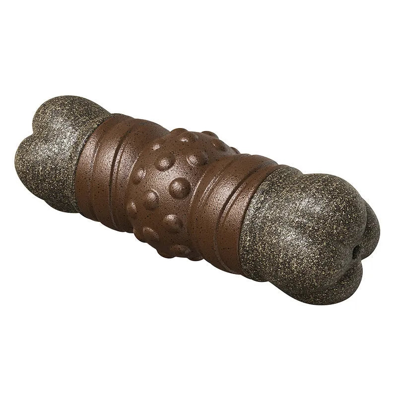 Brown plastic bone-shaped dog chew toy with textured surface for dental cleaning.