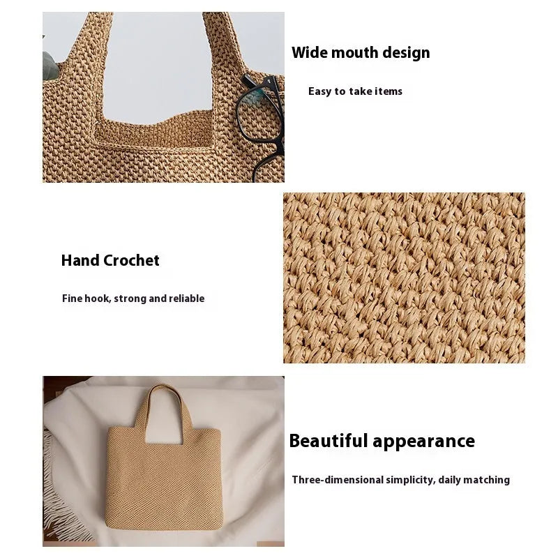 Natural straw woven bucket tote bag with double straps in beige colour