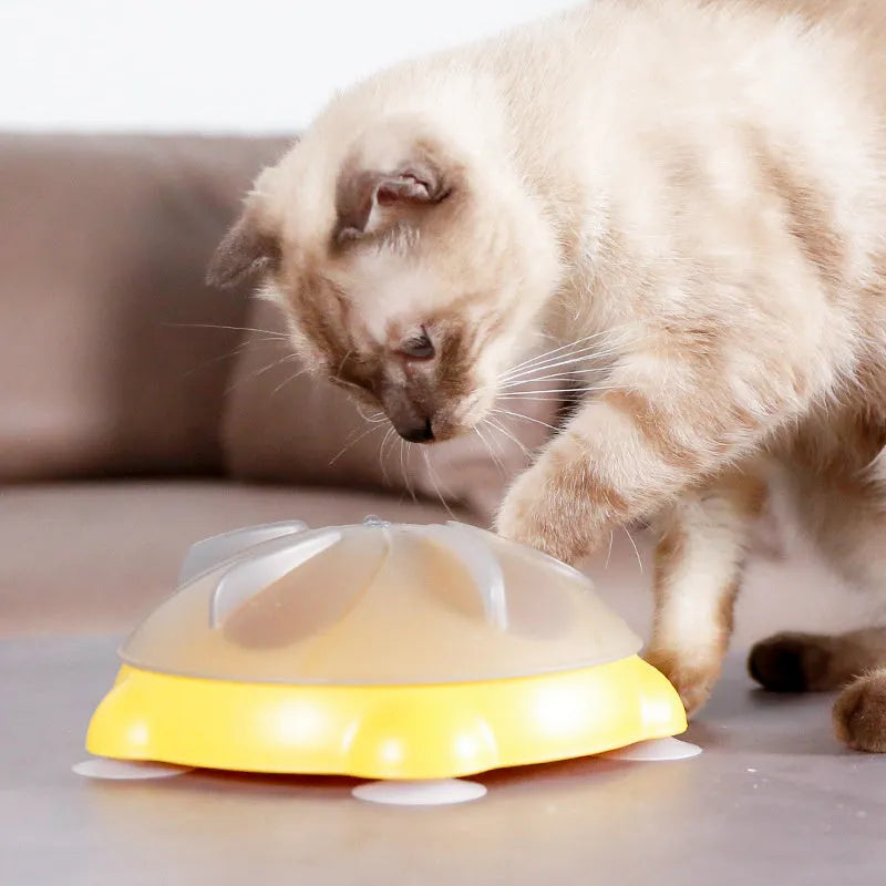 Yellow interactive slow feeder pet plate with puzzle channels and central snack compartments