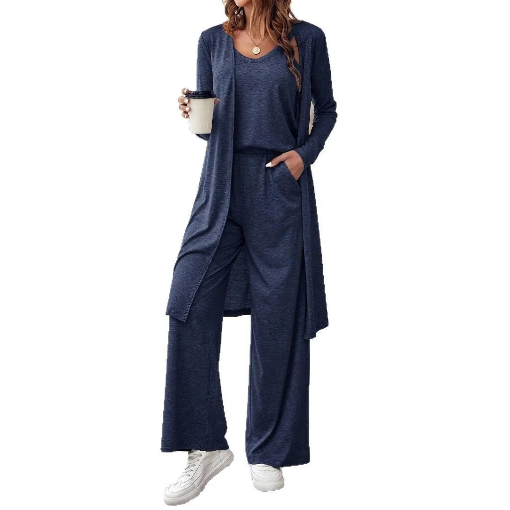 Women's blue polyester trouser suit set with sling top, cardigan, and trousers in Japanese Korean style