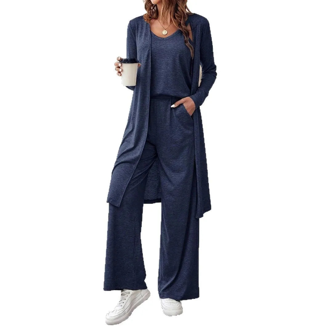 Women's blue polyester trouser suit set with sling top, cardigan, and trousers in Japanese Korean style