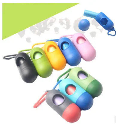 Compact dog poop bag holder with side hook and Velcro base, shown in assorted colours