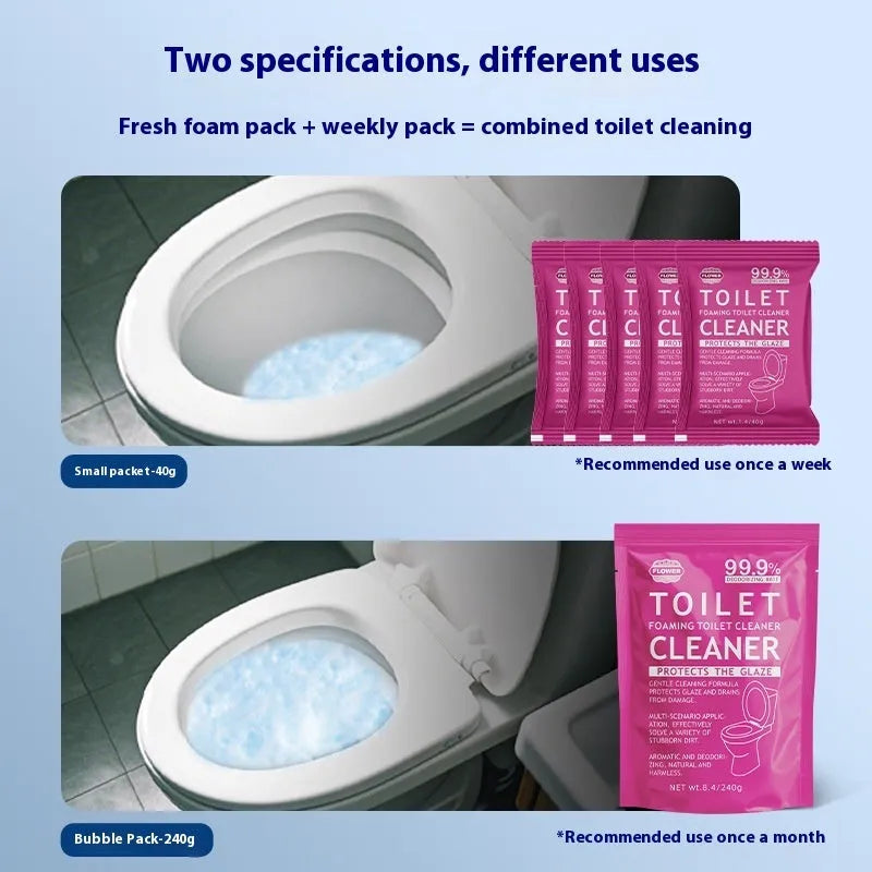 Toilet bubble cleaning powder package in blue or pink fragrance variant, showing 240g bag or box of 5 sachets.