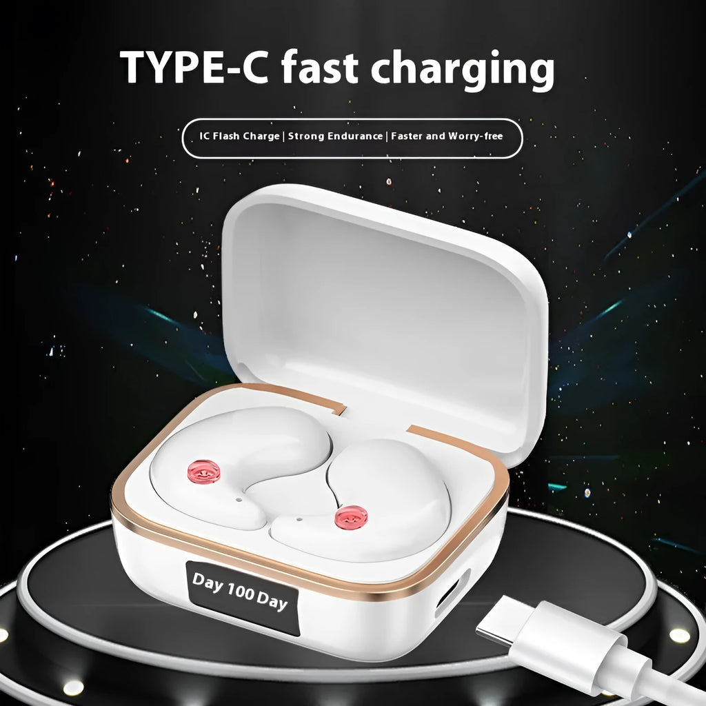 Mini J11 Bluetooth headset in black with charging bay, showing in-ear design and breathing light