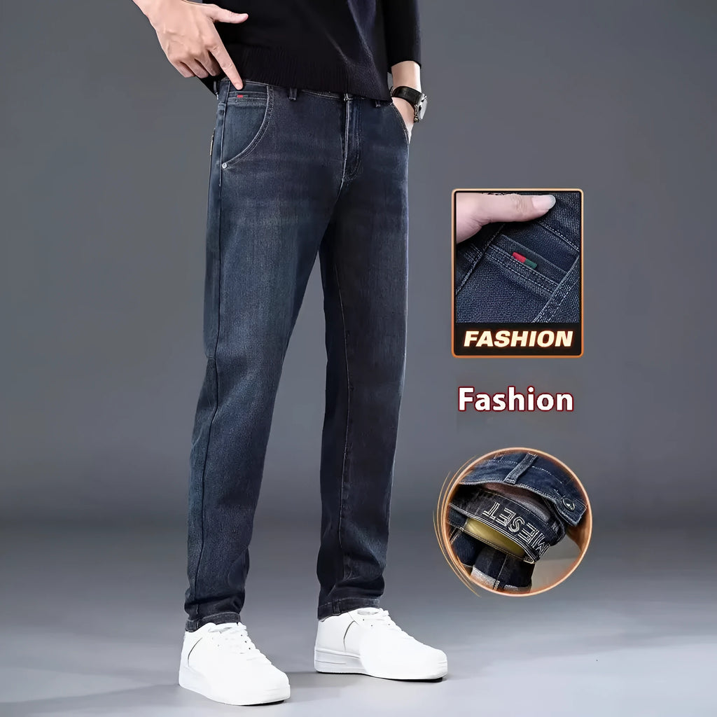 Men's slim straight casual trousers in blue grey and black colours, showing mid-waist and zipper fly detail.