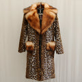 Long leopard print artificial fur jacket for women on a hanger, showing full length and regular sleeves.