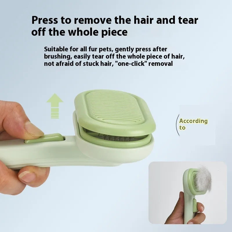 Large pet grooming comb in light grey with stainless steel blades and a one-click cleaning button
