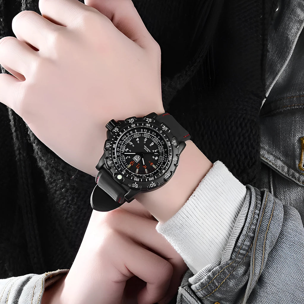 Men military watch with black dial, silicone band, and luminous hands on white background