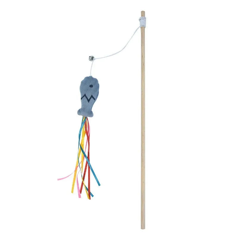 Cat wand toy with wooden handle, colourful ribbons, bell and catnip fish attachment