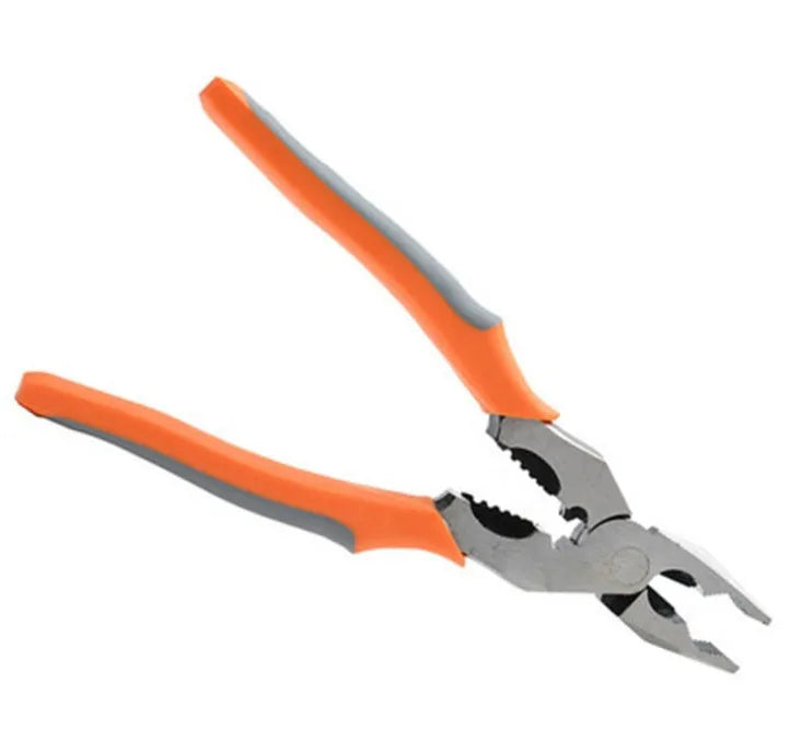 Orange multi-function wire cutter pliers with chrome steel head and plastic grip.