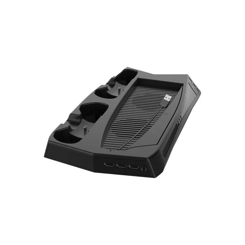 Black PS5 charging cooling base with USB hub, dual controller charging stations, and cooling fan