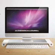 Smart aluminium and plastic computer monitor stand with USB charging ports and a hidden keyboard storage shelf