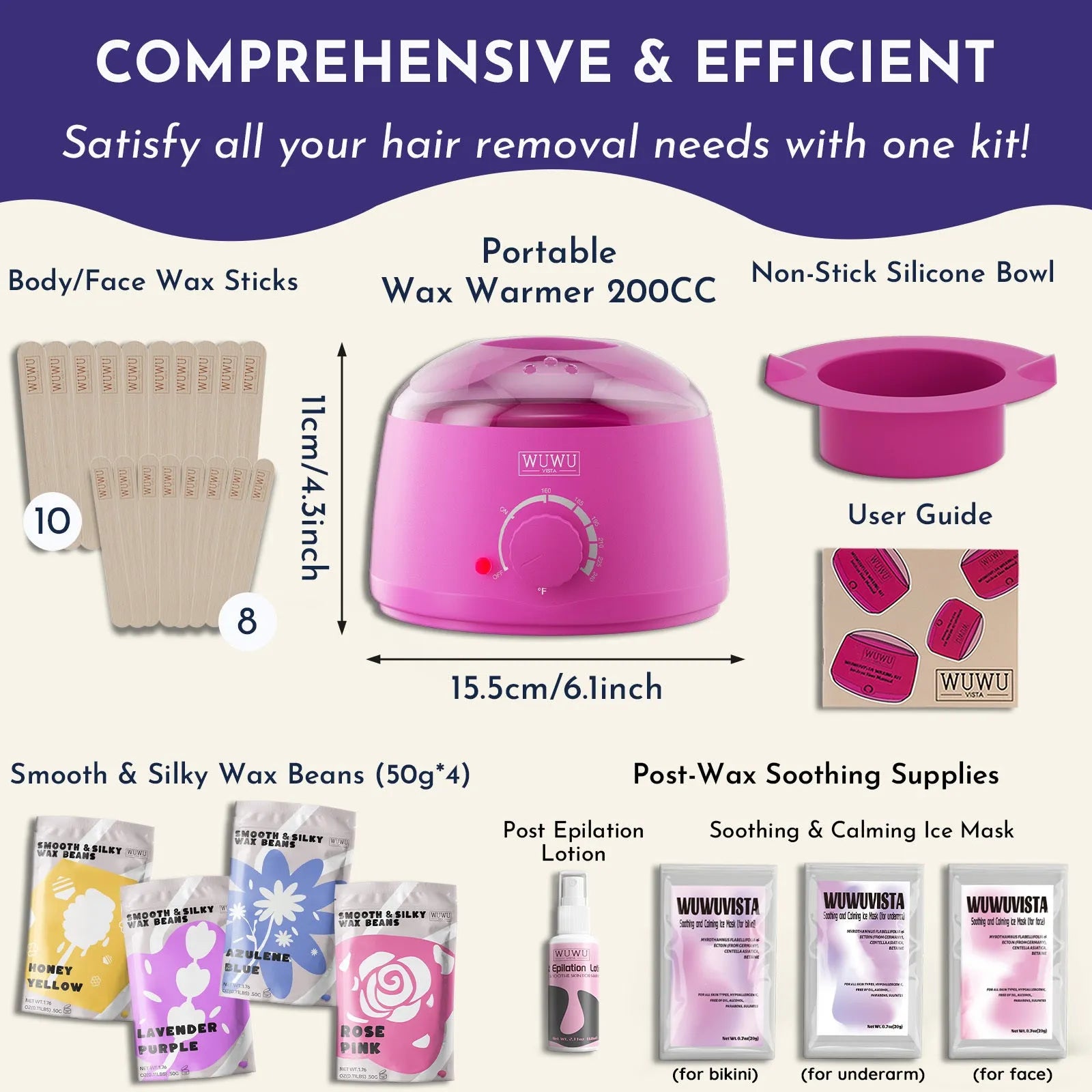 Gold-standard hard wax kit with black wax warmer, wax beads, sticks, and aftercare bottles on a pink background