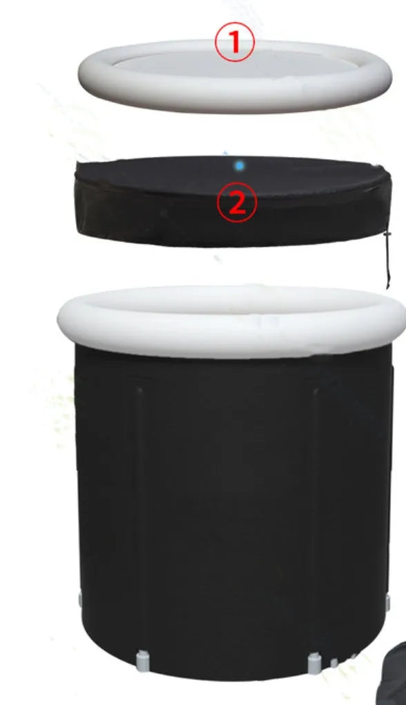 Black portable inflatable ice bath measuring 70x80cm with weather lid and accessories