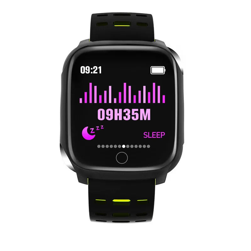 F16 Smart Watch with ECG monitoring on silicone wristband showing black/green, black/grey, and black/red colour options