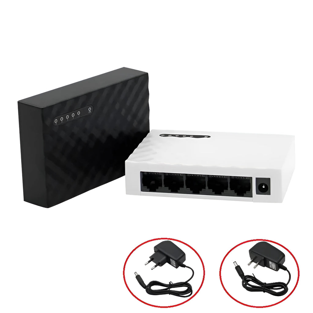 5-port Gigabit Ethernet switch in black with LED lights and RJ45 ports on front panel