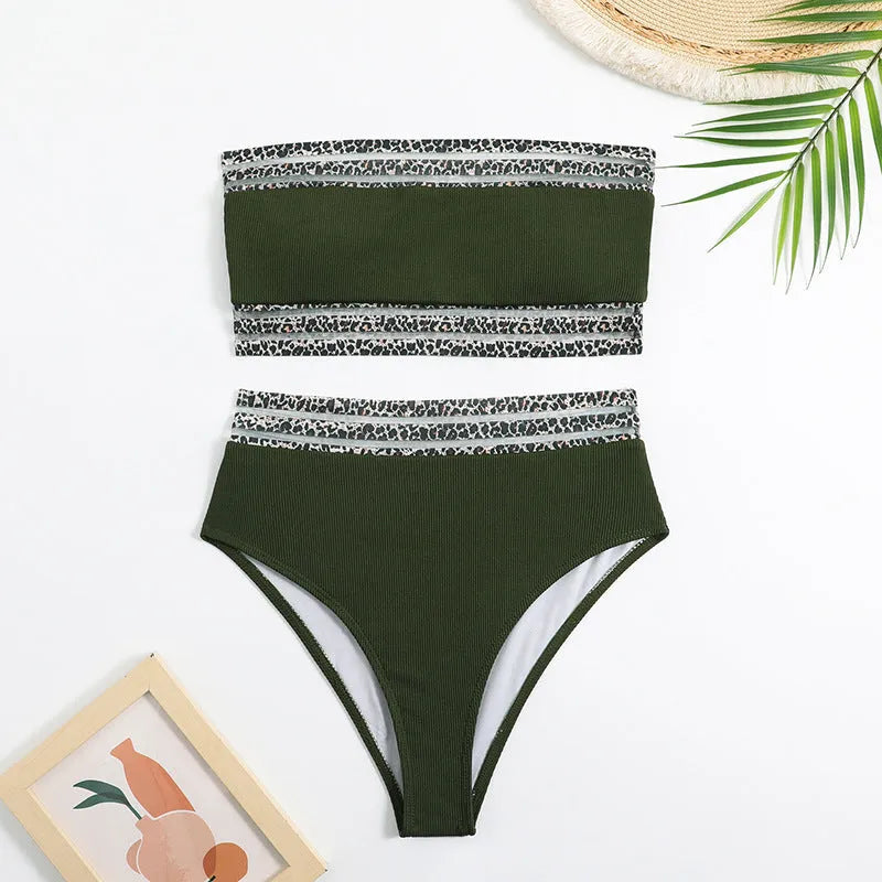 Black strapless bandeau swimsuit with leopard print pattern, high elasticity fabric