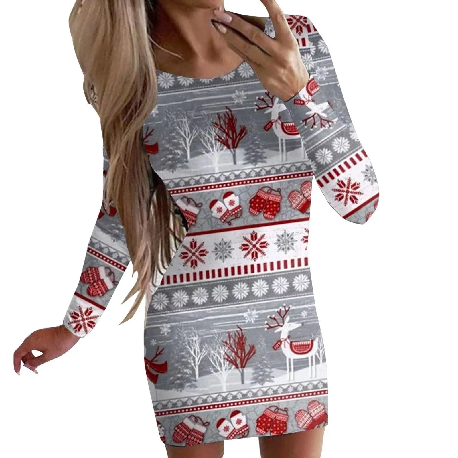 Women's tight-fitting Christmas dress with floral print, round neck, long sleeves, and short hip skirt.